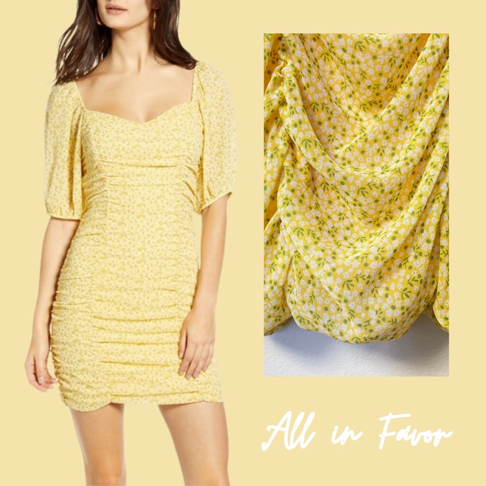All In Favor (Nordstrom) Yellow Floral Ruched Mini Dress – NWT, Size S